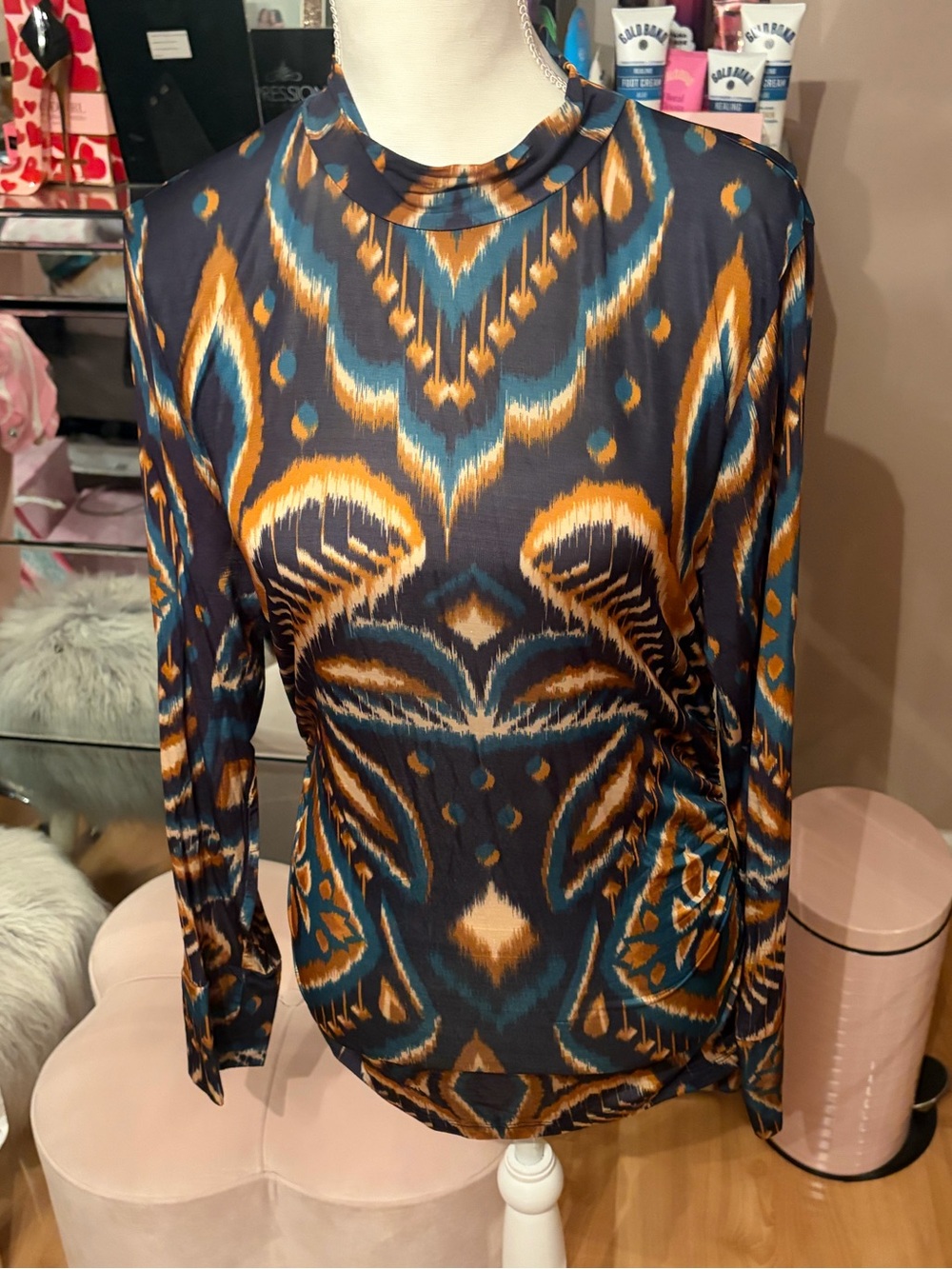 Farm Rio Blue & Orange Pineapple Ikat Jersey Blouse Size L - Picture 7 of 10